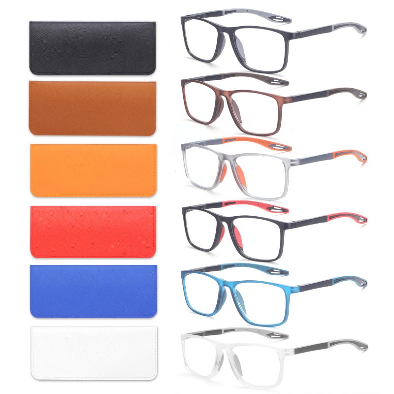 BLOEXCLU 6 Pack Reading Glasses for Men Sports Style Blue Light Blocking Readers with Spring Hinge Women Eyeglasses Black red Brown Orange Blue transparent 125 x
